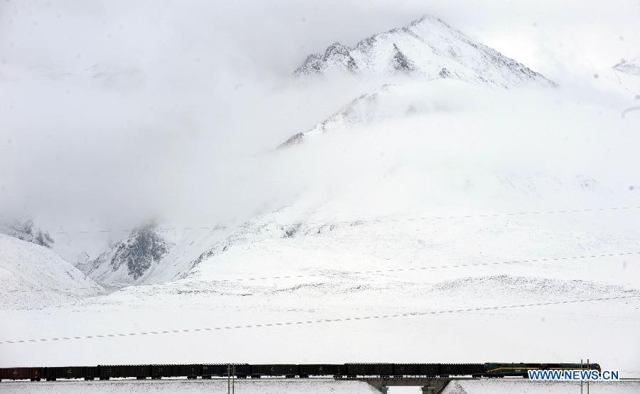 A freight train runs past the Kunlun Mountain on the Qinghai-Tibet Railway in northwest China's Qinghai Province July 9, 2013. Within seven years after its operation, the Qinghai-Tibet Railway, the longest and highest railway in the world, has carried nearly 64 million passengers and 300 million tonnes of goods. (Xinhua/Hou Deqiang)