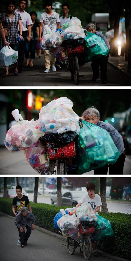 Combined photo taken on July 9, 2013 shows an old woman pushing a bicycle loaded with waste products (top, middle) and a young man helping her push the bike on Shungeng Road in Jinan, capital of east China's Shandong Province, July 9, 2013. The 77-year-old woman makes a living by collecting and selling waste products. (Xinhua/Guo Xulei)