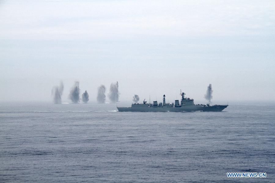 A naval vessel is seen during the "Joint Sea-2013" drill at Peter the Great Bay in Russia, July 10, 2013. The "Joint Sea-2013" drill participated by Chinese and Russian warships concluded here on Wednesday. (Xinhua/Wang Jinguo)