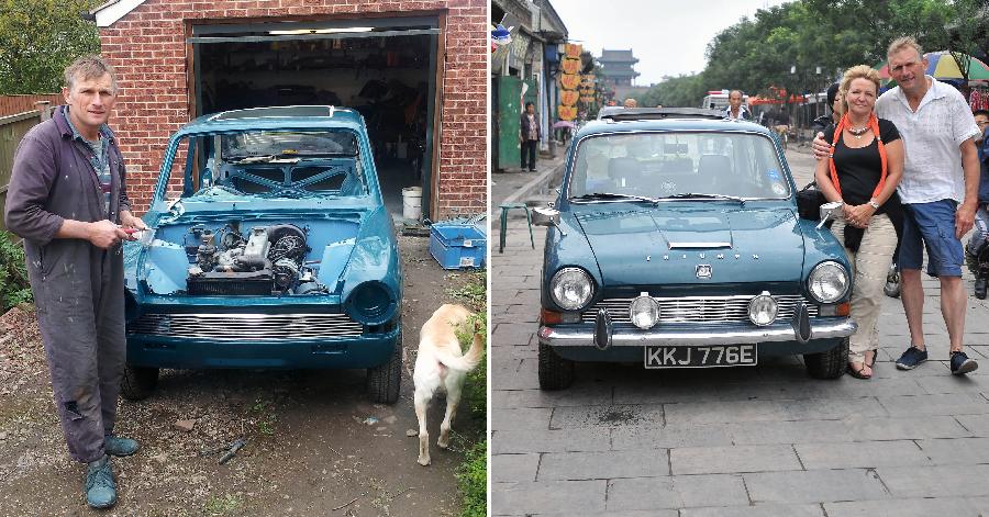 This combined picture shows British Clive Raven repairing a Triumph 1300 made in 1967 in his garage in the UK on May 12, 2013 (L) and a portrait with his wife Gillian next to the car in Pingyao, north China's Shanxi Province, July 10, 2013. [Photo: Xinhua]
