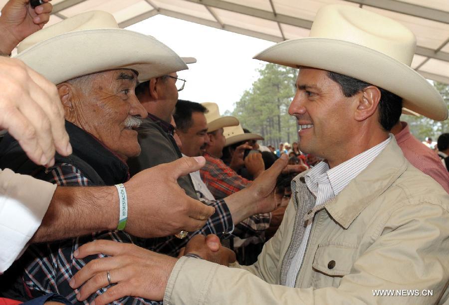 Image provided by the Mexican Presidency shows Mexican President Enrique Pena Nieto (R) during the commemoration of the "Tree Day" in Balleza, in the state of Chihuahua, Mexico, on July 10, 2013. Enrique Pena Nieto, announced that 180 million trees will be planted in the country. (Xinhua/Mexican Presidency)