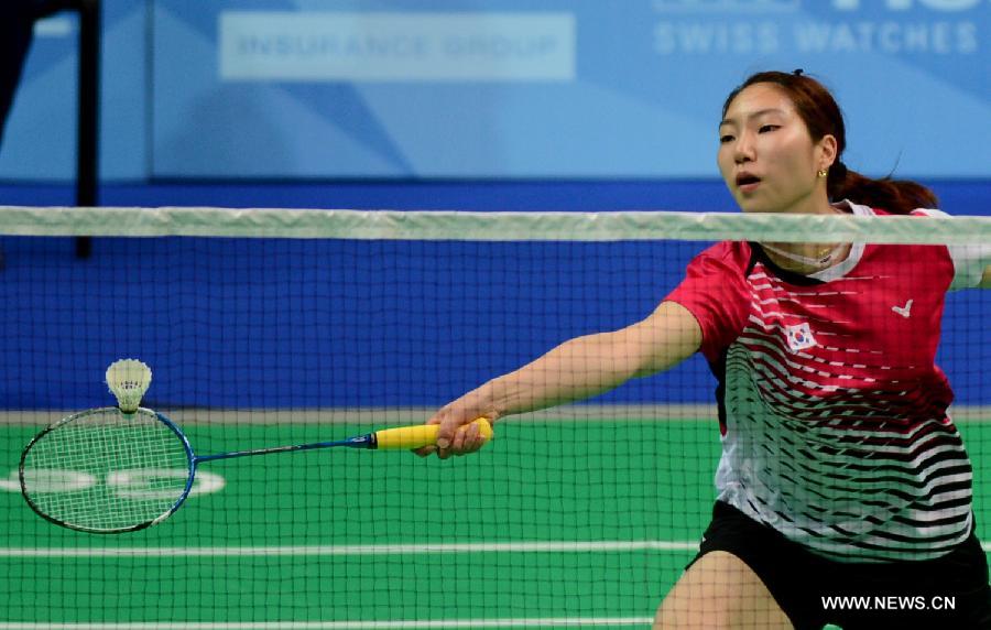 Sung Ji Hyun of South Korea competes during the women's singles final match of badminton event against Tai Tzu-ying of Chinese Taipei at the 27th Summer Universiade in Kazan, Russia, July 11, 2013. Sung Ji Hyun won the gold medal with 2-0. (Xinhua/Kong Hui) 