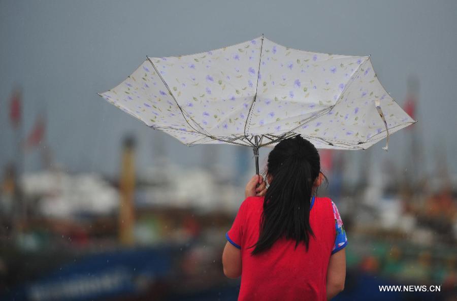 A reporter walks against the strong wind at a harbour in the Luoyuan County, southeast China's Fujian Province, July 13, 2013. The local meteorological authority issued a red alert against typhoon as Typhoon Soulik approaches, bringing strong wind and rainstorms to the region. (Xinhua/Wei Peiquan) 