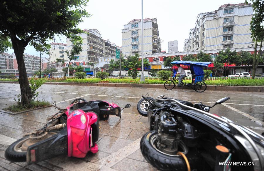 Two electric bicycles are blown down by strong wind caused by Typhoon Soulik in Luoyuan County, southeast China's Fujian Province, July 13, 2013. Typhoon Soulik landed on the Huangqi Peninsula in Lianjiang Saturday afternoon. (Xinhua/Wei Peiquan)