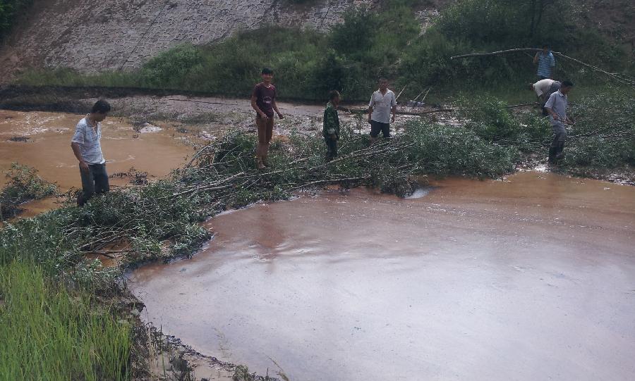 Villagers set up a defence dam in the lake with branches in Zichang County, northwest China's Shaanxi Province, July 15, 2013. The oil pipe from Ansai County to Yongping Town was damaged by mudslide following days of rainstorms. Rescue efforts for repairing the broken pipe are underway. (Xinhua)