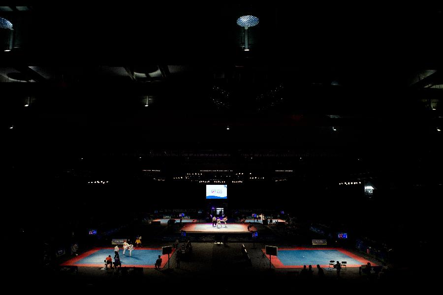 Taekwondo athletes compete in the 58 kg men's category of the Taekwondo World Championship of the World Taekwondo Federation (WTF) in the Exposition and Covention Center of Puebla, in Puebla, Mexico, on July 15, 2013. (Xinhua/Guillermo Arias) 