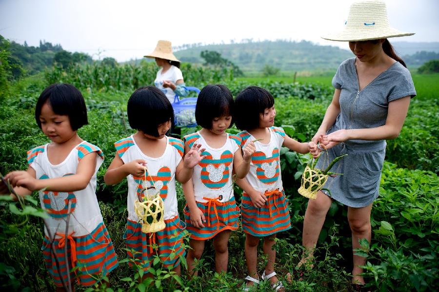 Zhu Yanhong and their quadruplets play at vegetable field.   (Xinhua/Hu Chenhuan)