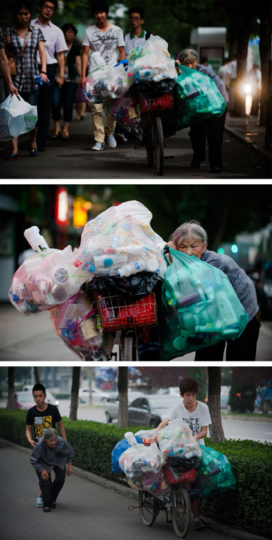 A combo photo shows that several youngsters help an old man with his bike loaded with recycled materials on Shungeng street in Jinan, capital city of east China’s Shandong province, July 9, 2013. The 77-year-old man struggled to push his bike to the nearest recycling station. (Xinhua/Guo Xulei)