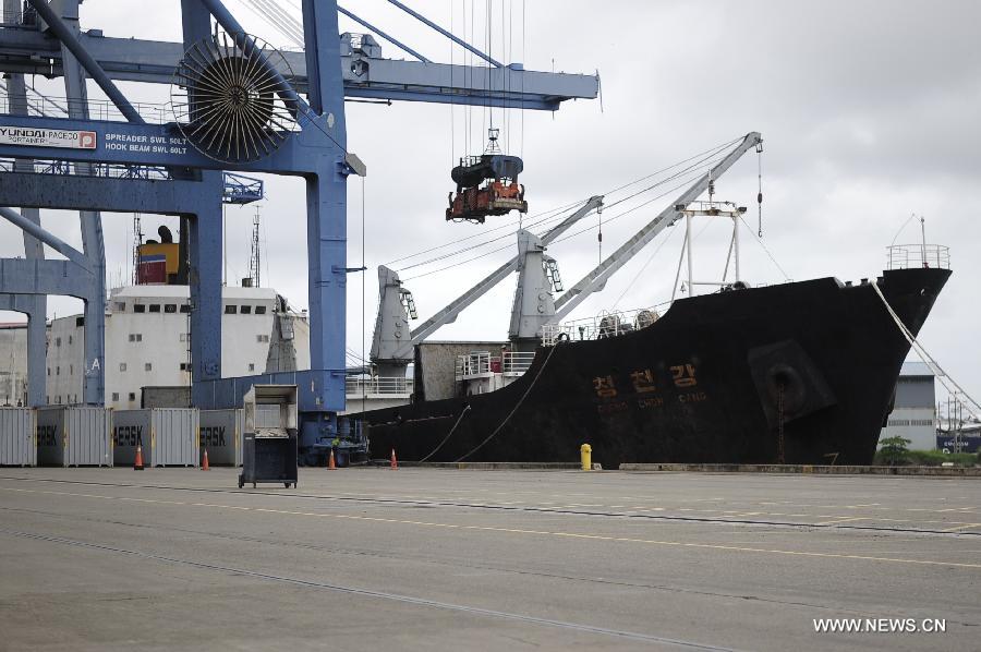 Photo taken on July 16, 2013 shows a cargo ship of the Democratic People's Republic of Korea (DPRK) at the Manzanillo Port in Colon City, Panama. The Cuban Foreign Ministry said on Tuesday that a cargo ship of the Democratic People's Republic of Korea (DPRK) seized in Panama was loaded with anti-aircraft missile parts and MiG-21 fighter jets to be returned to the DPRK for repair. (Xinhua/Mauricio Valenzuela) 