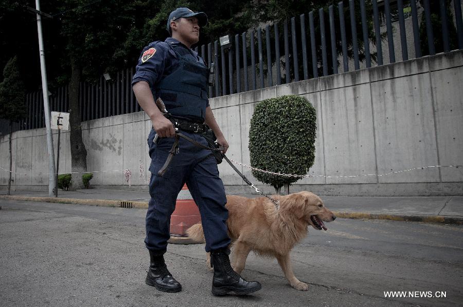 A security officer watches over the Assistant Attorney General's Office for Special Investigations on Organized Crime (SEIDO, for its Spanish acronym) after the capture of the aleged Drug Lord, Miguel Angel Trevino Morales, in Mexico City, Mexico, on July 16, 2013. The leader of the Zetas' Cartel, Miguel Angel Trevino Morales, also known as the Z-40, was captured on Monday's morning by members of the Mexican Navy, near Nuevo Laredo, Tamaulipas, according to a Mexican government spokesman. (Xinhua/Alejandro Ayala) 