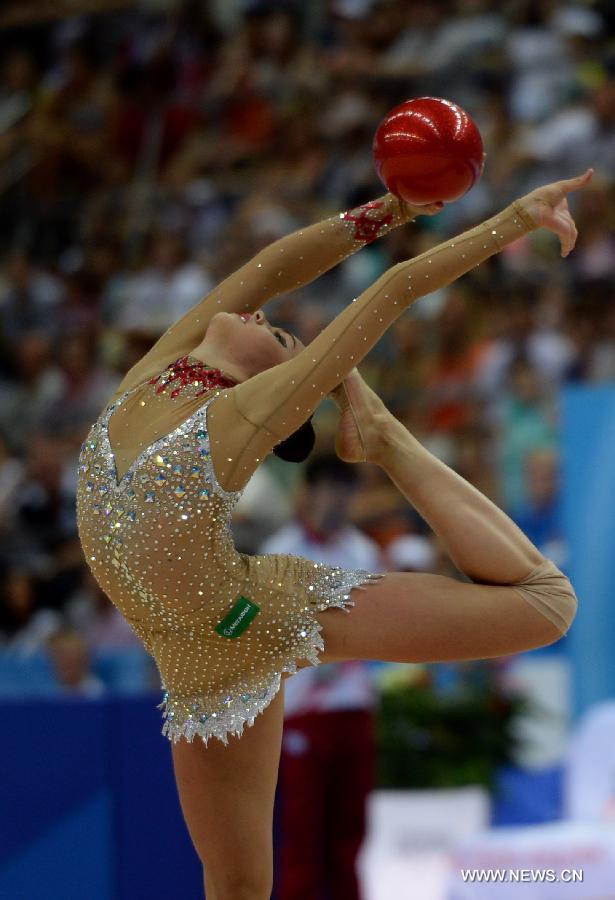 Alexandra Merkulova of Russia competes during Women's Individual Ball final of Gymnastics Rhythmic at the 27th Summer Universiade in Kazan, Russia, July 16, 2013. Merkulova won the gold with 18.233. (Xinhua/Kong Hui)