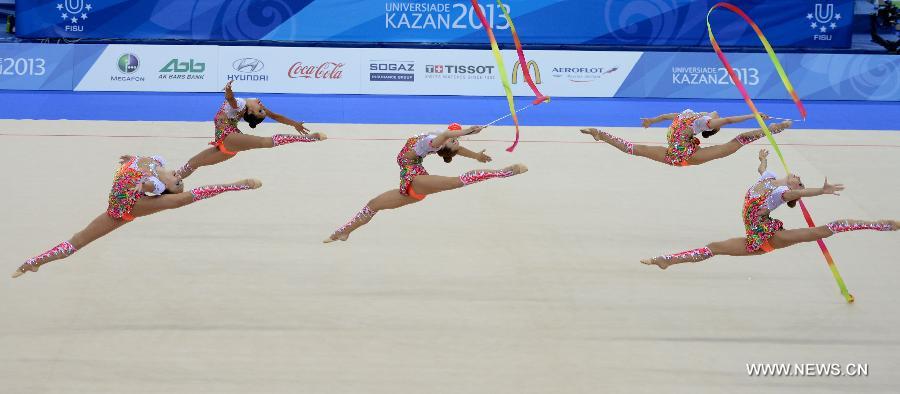 Athletes of Russia compete during Group Apparatus 3+2 final of Gymnastics Rhythmic at the 27th Summer Universiade in Kazan, Russia, July 16, 2013. Russia won the gold with 17.916 points. (Xinhua/Kong Hui)