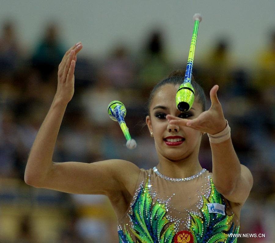 Margarita Mamun of Russia competes during Women's Individual Clubs final of Gymnastics Rhythmic at the 27th Summer Universiade in Kazan, Russia, July 16, 2013. Mamun won the gold with 18.433. (Xinhua/Kong Hui)