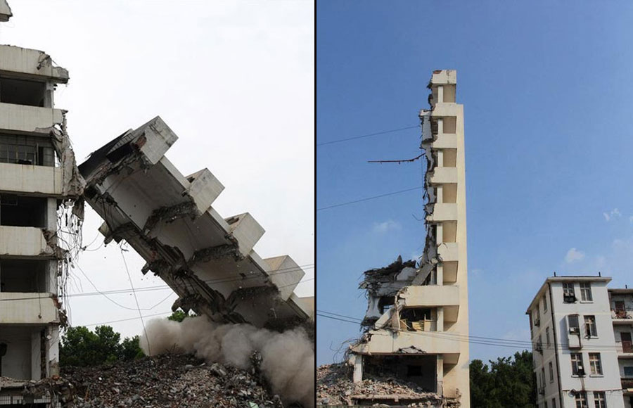 The combined photo shows the teetering building before and after demolition. (Photo/Xinhua)