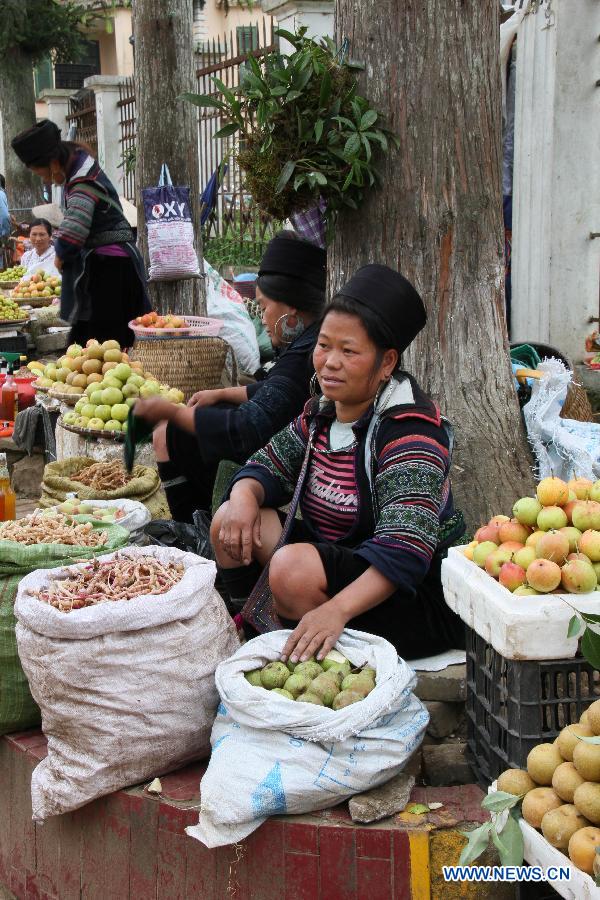 Ethnic women sell fruits at Sa Pa district in Lao Cai province, Vietnam, July 16, 2013. Lao Cai province is located in Vietnam's mountainous northwest, bordering China's Yunnan province. Sa Pa is a frontier town and capital of Sa Pa district in Lao Cai province, where several ethnic minority groups including H'mong, Dao, Tay live on farming and handicraft. The terrace fields here attract many foreign tourists every year. (Xinhua/Nguyen Thuy Anh)