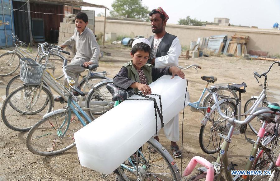 An Afghan boy puts an ice brick on his bicycle at an ice factory in Ghazni province in eastern Afghanistan on July 17, 2013. (Xinhua/Rahmat)