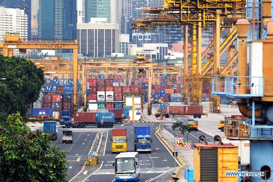 Photo taken on July 12, 2013 shows the Tanjong Pagar Container Terminal in Singapore. Singapore's International Enterprise (IE) announced that the non-oil domestic exports (NODX) in June 2013 declined by 8.8% on a year-on-year basis. (Xinhua/Then Chih Wey)