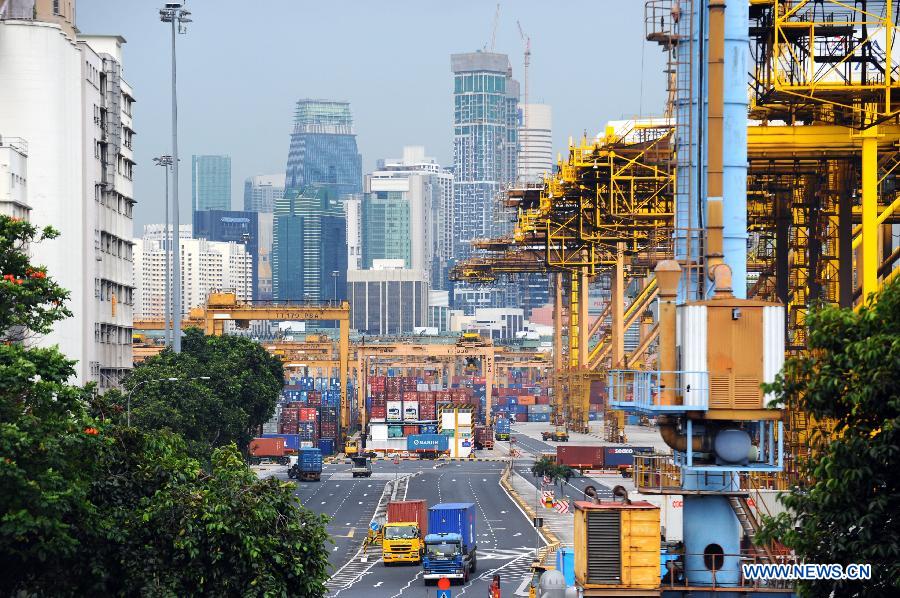 Photo taken on July 12, 2013 shows the Tanjong Pagar Container Terminal in Singapore. Singapore's International Enterprise (IE) announced that the non-oil domestic exports (NODX) in June 2013 declined by 8.8% on a year-on-year basis. (Xinhua/Then Chih Wey)