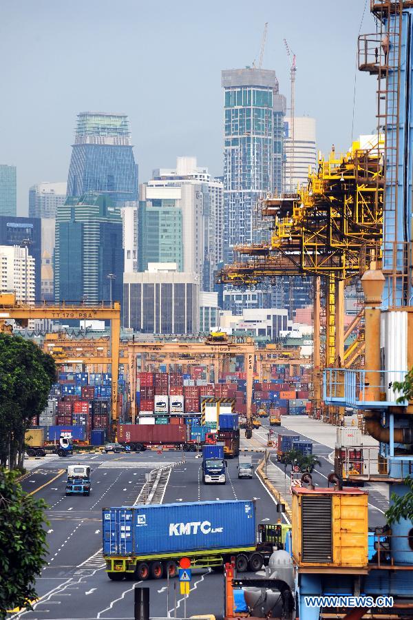 Photo taken on July 12, 2013 shows the Tanjong Pagar Container Terminal in Singapore. Singapore's International Enterprise (IE) announced that the non-oil domestic exports (NODX) in June 2013 declined by 8.8% on a year-on-year basis. (Xinhua/Then Chih Wey)