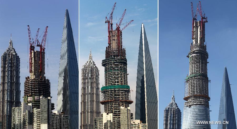 Combined photo shows Shanghai Tower under construction on May 27, 2012 (L), on November 28, 2012 (C) and on July 17, 2013 (R) in east China's Shanghai. Shanghai Tower is soon to seal its roof and will redefine the Lujiazui area skyline.(Xinhua/Pei Xin)