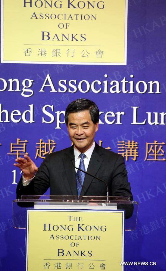 Hong Kong Chief Executive C Y Leung addresses a luncheon held by the Hong Kong Association of Banks in south China's Hong Kong, July 17, 2013. Leung said despite the global financial crisis, Hong Kong's banking sector continues to be the driving force in deepening, expanding and diversifying financial services in the city. (Xinhua/Li Peng)