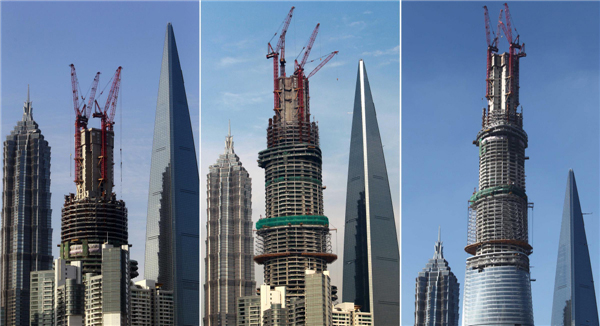 The rise of Shanghai Tower, China's tallest building, in the Lujiazui finance and trade district in Shanghai's Pudong area. The photos were taken on May 27, 2012, Nov 28, 2012, and July 17, 2013. (Photo/Xinhua)