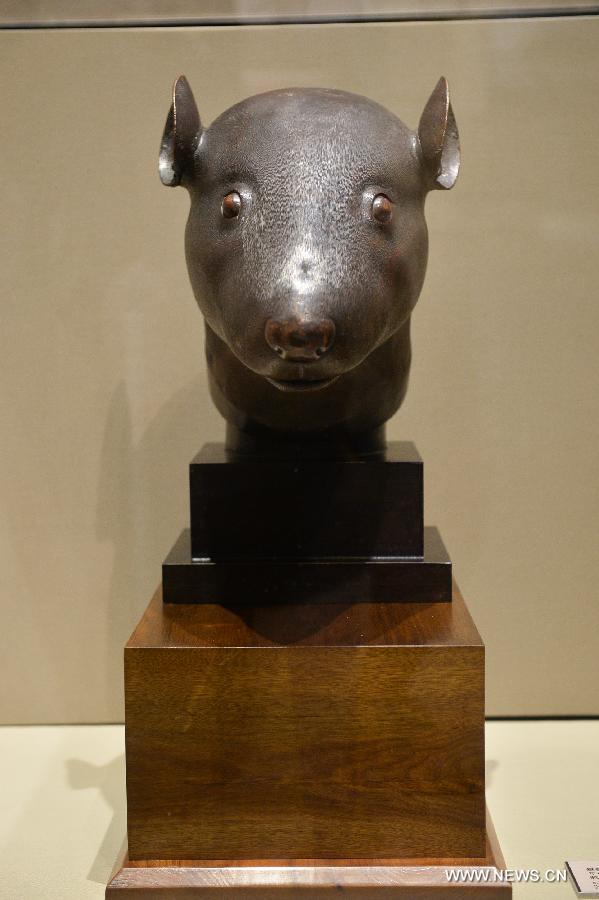 A bronze head of a rat is on display at the National Museum of China in Beijing, capital of China, July 18, 2013. The bronze heads of a rat and a rabbit, donated by the Pinault family of France in April, were on display at the museum Thursday. The two pieces of relics were among 12 animal head sculptures that formed a zodiac water clock previously stood at Yuanmingyuan, or the Old Summer Palace, in northwest Beijing. They were looted by Anglo-French Allied forces during the Second Opium War in 1860. (Xinhua/Li Xin)