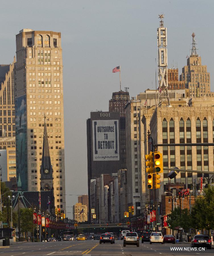 The downtown skyline is seen in Detroit, Michigan, the United States, July 18, 2013. U.S. city Detroit filed for bankruptcy Thursday, making it the largest-ever municipal bankruptcy in U.S. history, local media reported. (Xinhua/Tony Ding) 