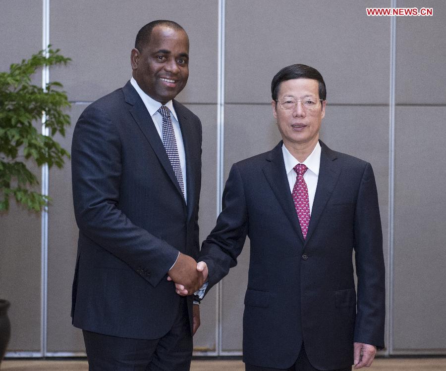 Chinese Vice Premier Zhang Gaoli (R), also a member of the Standing Committee of the Political Bureau of the Communist Party of China Central Committee, shakes hands with Dominican Prime Minister Roosevelt Skerrit during their meeting at the Eco-Forum Global in Guiyang, capital of southwest China's Guizhou Province, July 19, 2013. The Eco-Forum Global is held from July 19 to July 21. (Xinhua/Wang Ye)