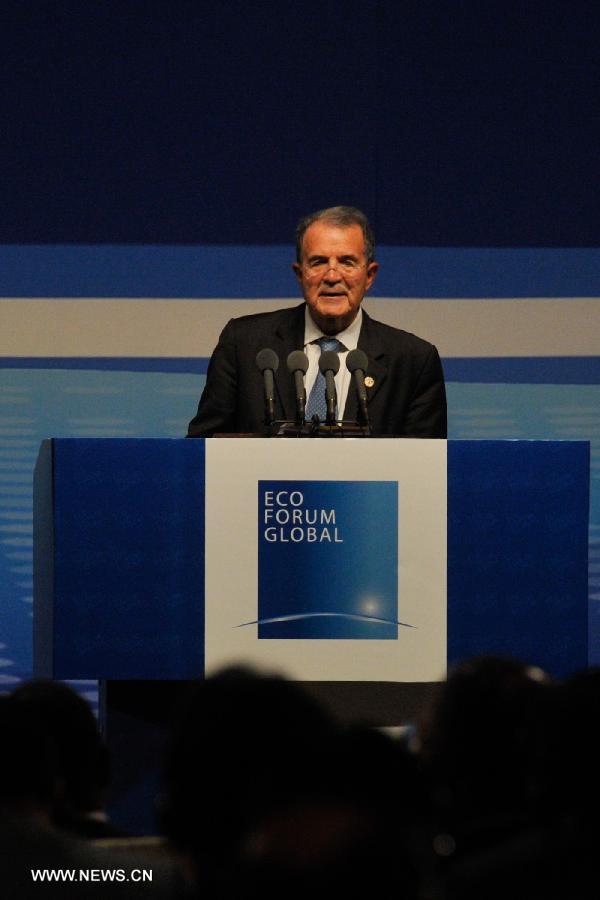 Former Italian Prime Minister Romano Prodi addresses the opening ceremony of the Eco Forum Global Annual Conference Guiyang 2013 in Guiyang, capital of southwest China's Guizhou Province, July 20, 2013. Over 2,000 participants from home and abroad attended the conference themed on "Building Eco-Civilization: Green Transformation and Transition". (Xinhua/Ou Dongqu) 