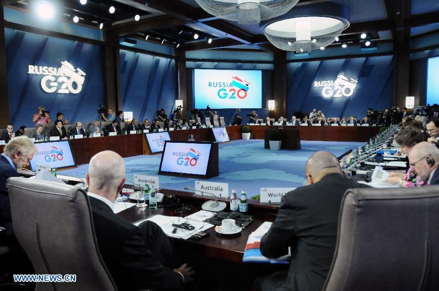 Photo taken on July 20, 2013 shows the scene of the Group of Twenty (G20) finance ministers and central bank governors' meetings in Moscow, Russia. The G20 finance ministers and central bank governors' meetings kicked off in Moscow on Friday. (Xinhua/Ding Yuan)