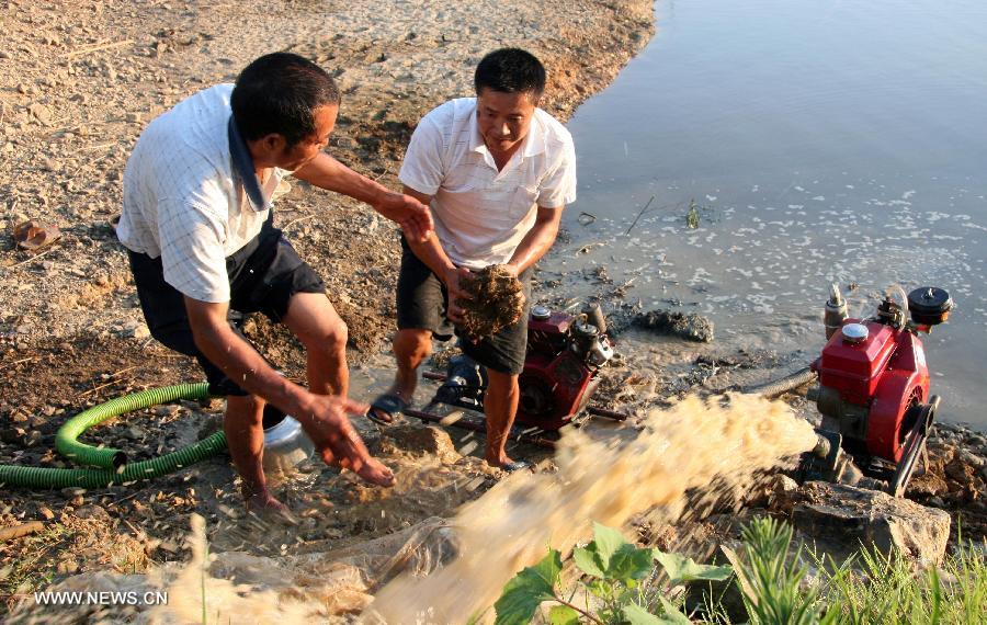 Villagers pump water to fight against drought in the Baima Village of Huangjing Township, central China's Hunan Province, July 20, 2013. The drought has left about 283,000 people short of water in Hunan following days of heat, affecting 3.376 million mu (about 225,066 hectares) of croplands. (Xinhua/Li Aimin) 