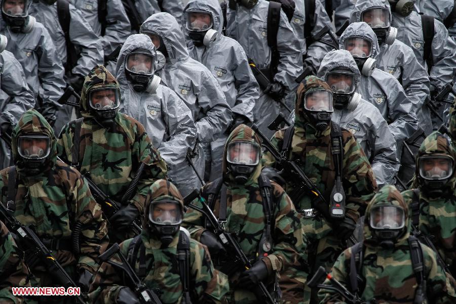 Elements of Colombia's Military Forces participate in the military parade in the framework of the Colombia's Independence Day commemoration, in Bogota, Colombia, on July 20, 2013. The commemoration of the 203rd anniversary of Colombia's Independence includes a homage to the Colombian Army veterans. (Xinhua/Jhon Paz) 