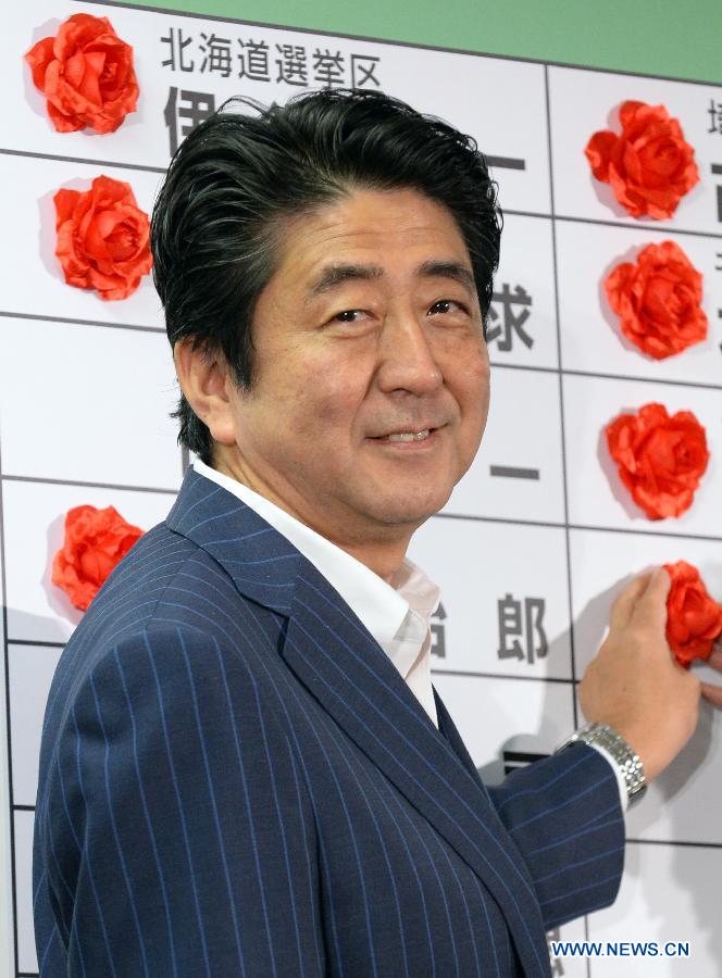 Japanese Prime Minister and President of the Liberal Democratic Party (LDP), Shinzo Abe attaches a red paper rose to a LDP candidate's name to indicate an election victory at the party's headquarters in Tokyo, capital of Japan, July 21, 2013. Japan's ruling camp, the Liberal Democratic Party (LDP) and the New Komeito Party, has put an end to the country's "twisted Diet" as it won a majority of seats in the House of Councillors, according to Japan's broadcaster NHK.(Xinhua/Ma Ping)