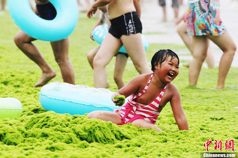 Children have great fun with green algae on the beach in Qingdao, east China's Shandong province, July 18, 2013. (CNS/Xue Hun)