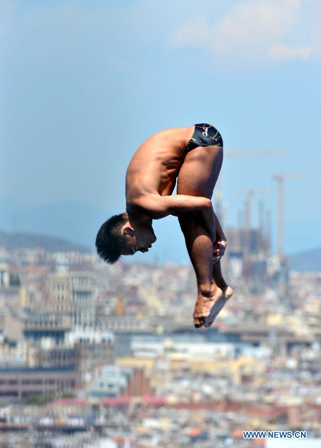 China's Li Shixin competes during the men's 1m springboard final in the World Swimming Championships in Barcelona, Spain, on July 22, 2013. Li won the gold with 460.95 points. (Xinhua/Guo Yong) 