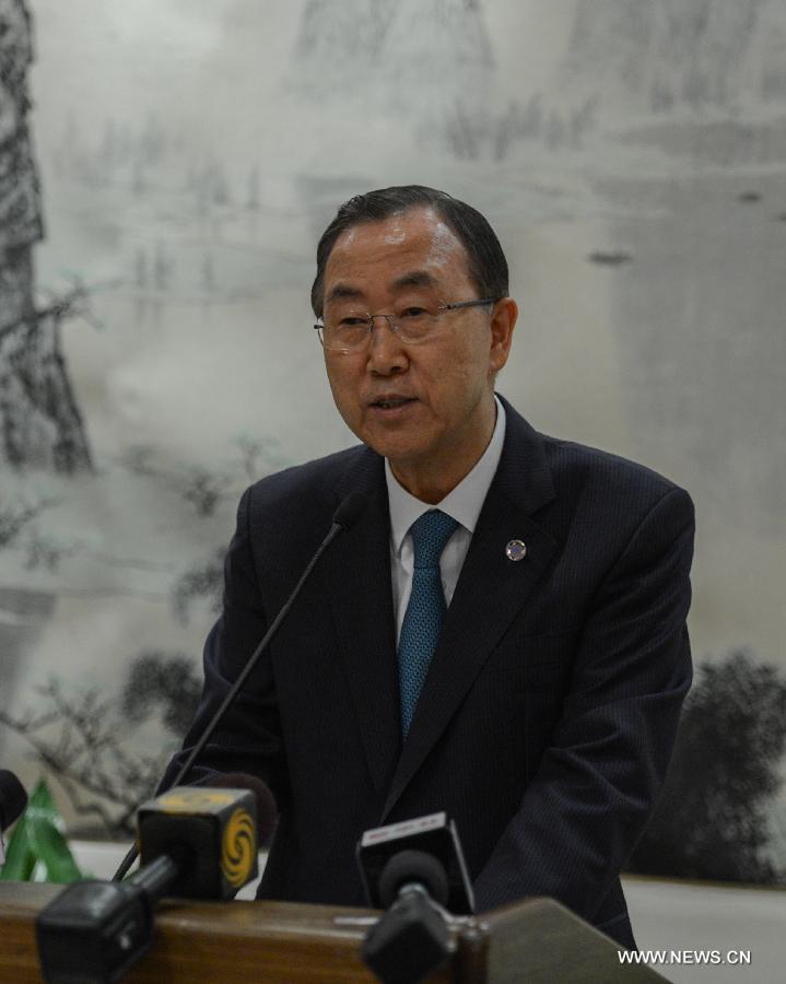 United Nations Secretary-General Ban Ki-moon speaks during an event at the Chinese Permanent Mission to the United Nations in New York on July 22, 2013. Ban Ki-moon on Monday offered his "deepest condolences and sympathies" to the victims of a deadly earthquake that hit northwest China's Gansu Province Monday morning. (Xinhua/Niu Xiaolei)