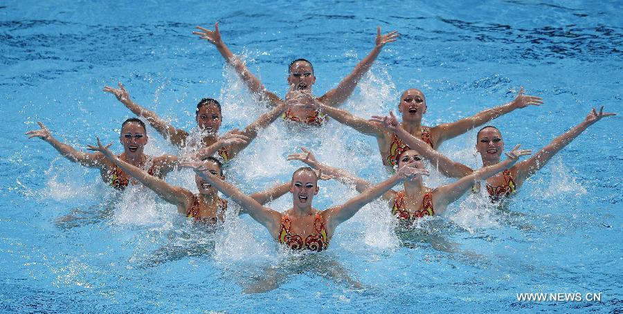 Team Ukraine competes in the Team Technical Finals of the Synchronised Swimming competition in the 15th FINA World Championships at Palau Sant Jordi in Barcelona, Spain, on July 22, 2013. Team Ukraine took the bronze with a total score of 93.300 points. (Xinhua/Wang Lili)