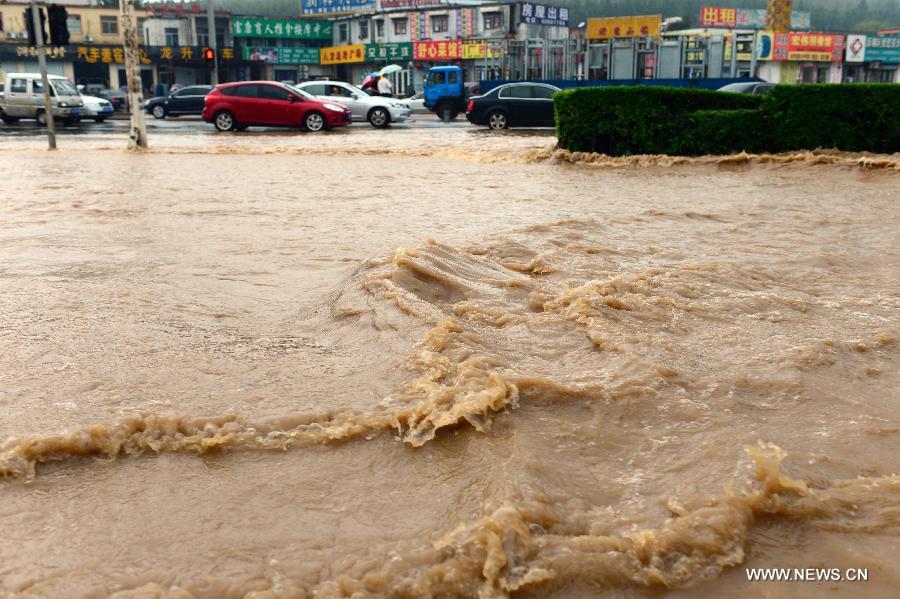 Gongye South Road is waterlogged in Jinan, capital of east China's Shandong Province, July 23, 2013. A heavy rainfall hit Jinan on Tuesday. (Xinhua/Guo Xulei)