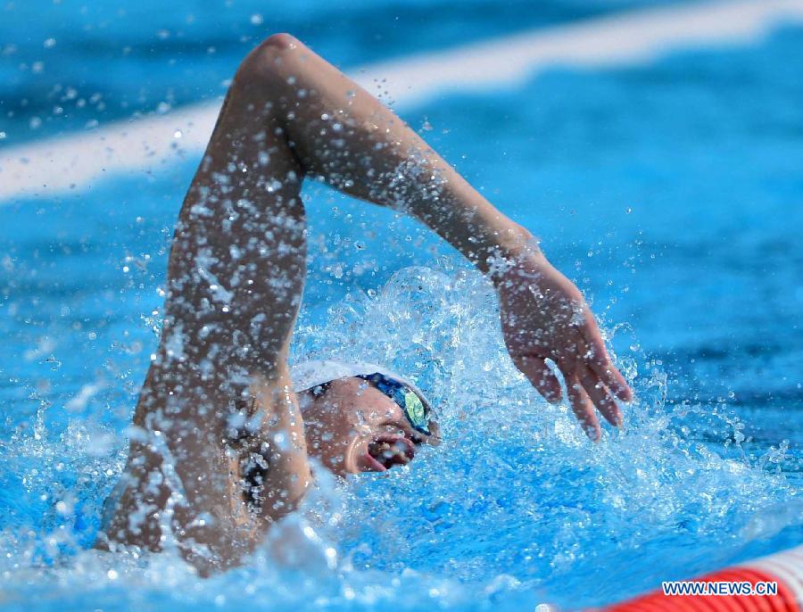 China's Sun Yang takes part in a training session in Barcelona, Spain, on July 23, 2013. (Xinhua/Guo Yong)