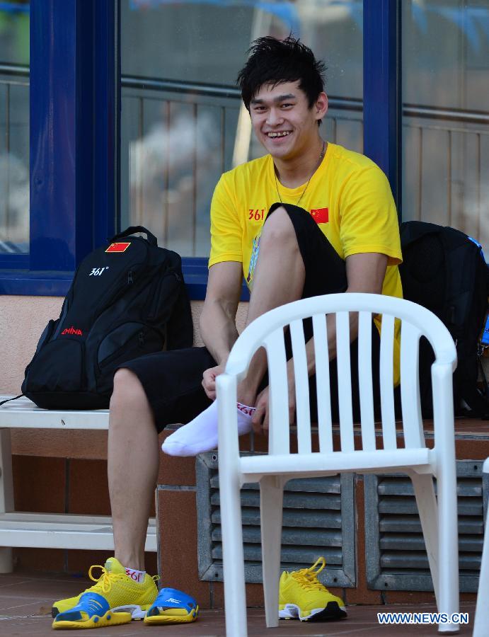 China's Sun Yang reacts after a training session in Barcelona, Spain, on July 23, 2013. (Xinhua/Guo Yong)