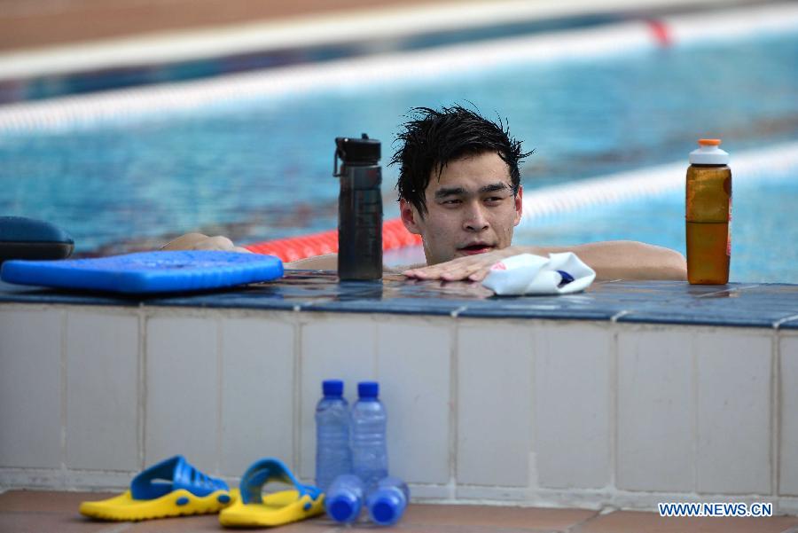 China's Sun Yang takes part in a training session in Barcelona, Spain, on July 23, 2013. (Xinhua/Guo Yong)