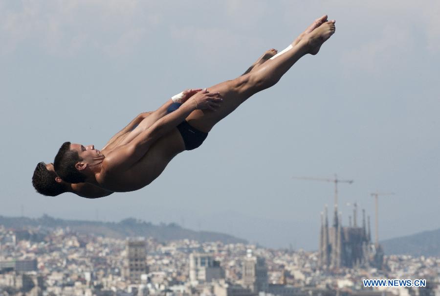 Andreas Billi and Giovanni Tocci of Italy compete during the men's 3m synchro springboard final of the diving competition at the 15th FINA World Championships in Barcelona, Spain, on July 23, 2013. Andreas Billi and Giovanni Tocci took the 12th place with a total score of 362.88 points. (Xinhua/Xie Haining)
