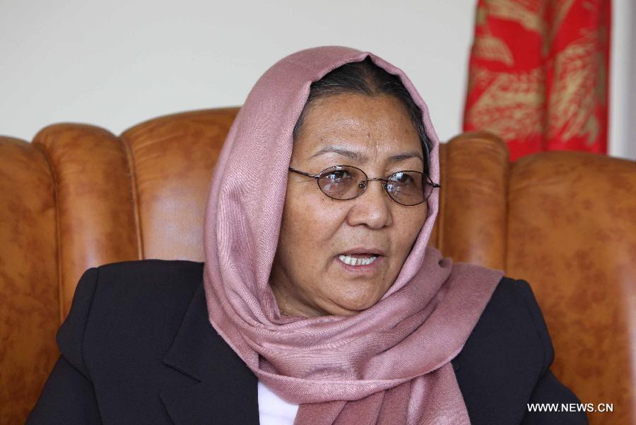 Habiba Sarabi, Afghanistan's first and only female governor, speaks during an interview in her office in Bamyan province, Afghanistan, in this file photo taken on April 6, 2013. Habiba Sarabi was a recipient of this year's Ramon Magsaysay Awards, according to an announcement made by the Manila-based Ramon Magsaysay Awards Foundation Wednesday. She was the first Afghan woman who received this award. (Xinhua/Ahmad Massoud)