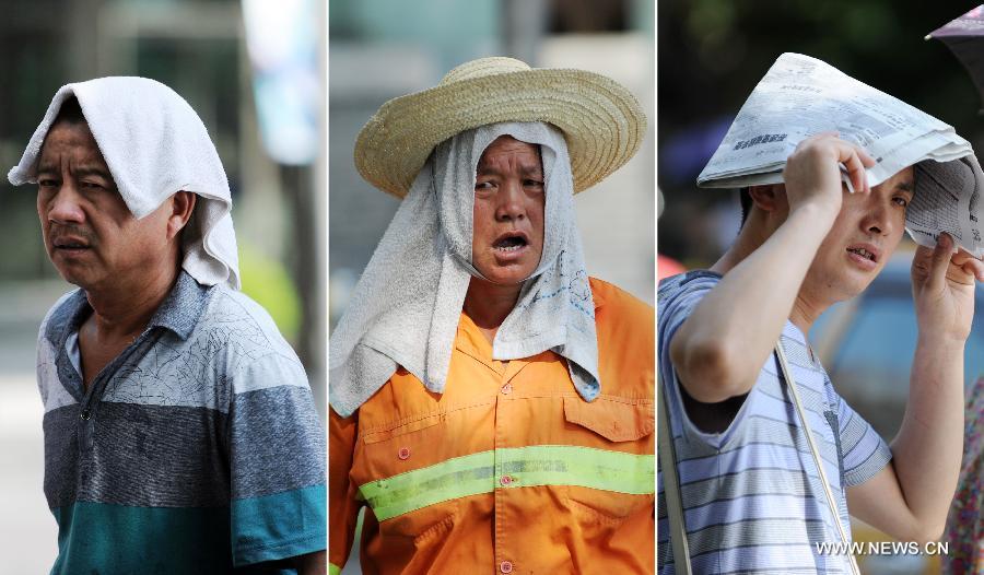 Combo photo shows citizens use different things for shelter in Hangzhou, capital of east China's Zhejiang Province, July 25, 2013. The highest temperature in Hangzhou reached 40.3 degrees Celsius on Thursday. (Xinhua/Ju Huanzong)