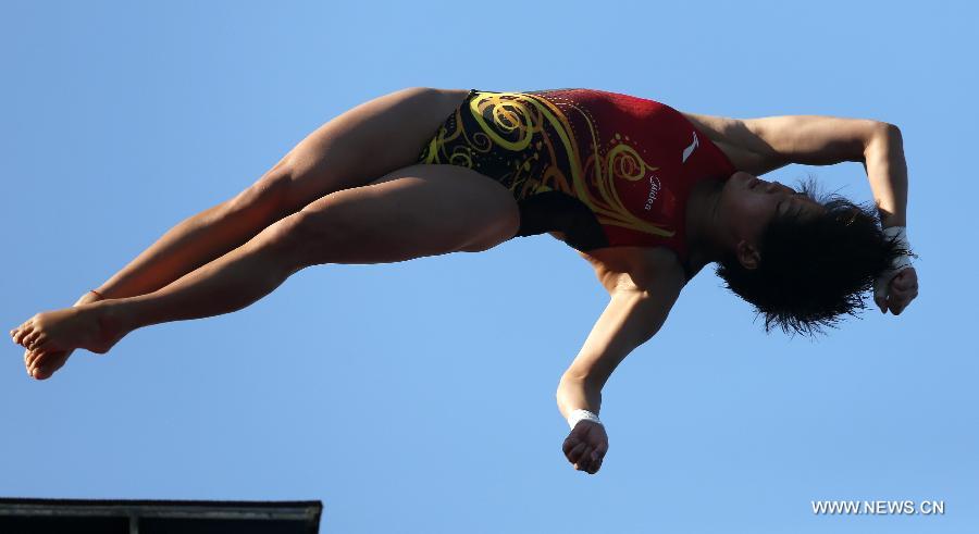 Chen Ruolin of China competes in the Women's 10m Platform Final of the Diving competition in the 15th FINA World Championships at the Piscina Municipal de Montjuic in Barcelona, Spain on July 25, 2013. Chen took the silver with a total score of 388.70 points. (Xinhua/Wang Lili)