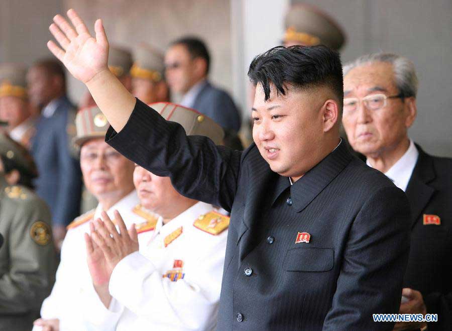 Kim Jong Un, top leader of the Democratic People's Republic of Korea (DPRK), addresses the troops during a military parade held in Pyongyang, DPRK, July 27, 2013. DPRK held a military parade marking the 60th anniversary of the Korean War Armistice Agreement here on Saturday, the official KCNA news agency reported. (Xinhua/Zhang Li) 