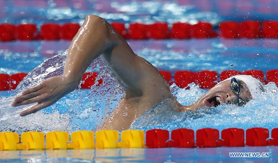Sun Yang of China competes during the Men's 400m Freestyle Final of the Swimming competition on day 9 of the 15th FINA World Championships at Palau Sant Jordi in Barcelona, Spain on July 28, 2013. Sun Yang claimed the title with 3 minutes 41.59 seconds.(Xinhua/Guo Yong) 