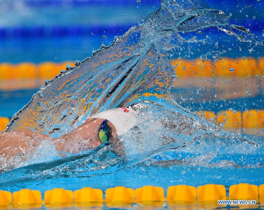 Sun Yang of China competes during the Men's 400m Freestyle Final of the Swimming competition on day 9 of the 15th FINA World Championships at Palau Sant Jordi in Barcelona, Spain on July 28, 2013. Sun Yang claimed the title with 3 minutes 41.59 seconds.(Xinhua/Guo Yong) 