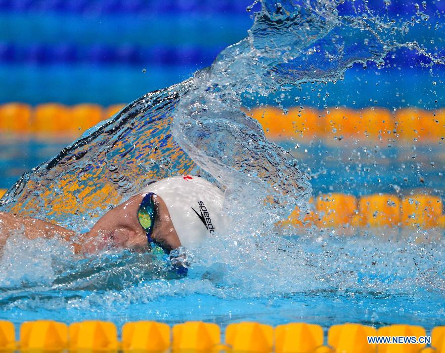 Sun Yang of China competes during the Men's 400m Freestyle Final of the Swimming competition on day 9 of the 15th FINA World Championships at Palau Sant Jordi in Barcelona, Spain on July 28, 2013. Sun Yang claimed the title with 3 minutes 41.59 seconds.(Xinhua/Guo Yong) 